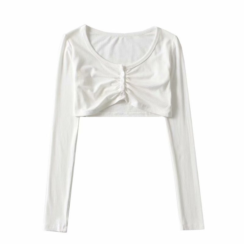 Autumn Pullover Round Neck Long-sleeved Single-breasted Women's Umbilical T-shirt