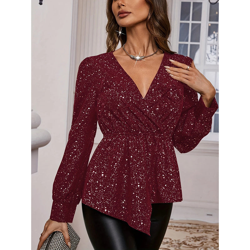 Shiny Long Sleeve Ruched Asymmetrical Hem Sparkle Blouses Cocktail Party Evening Shirts