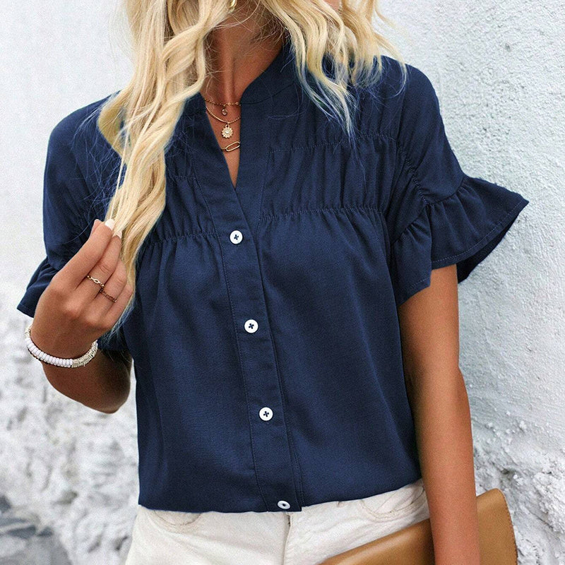 Short Sleeve Button Down Shirts Dressy Casual V Neck Business Work Blouses