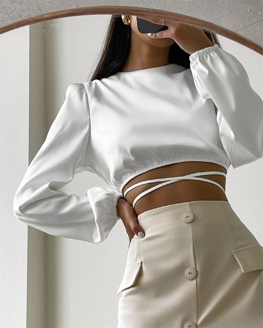 Lace-up Backless  Long-sleeved Tops