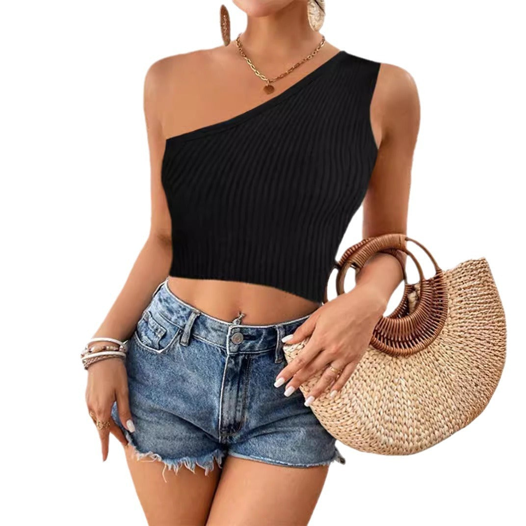 Women's Cropped One-shoulder Diagonal Collar Knitted Vest