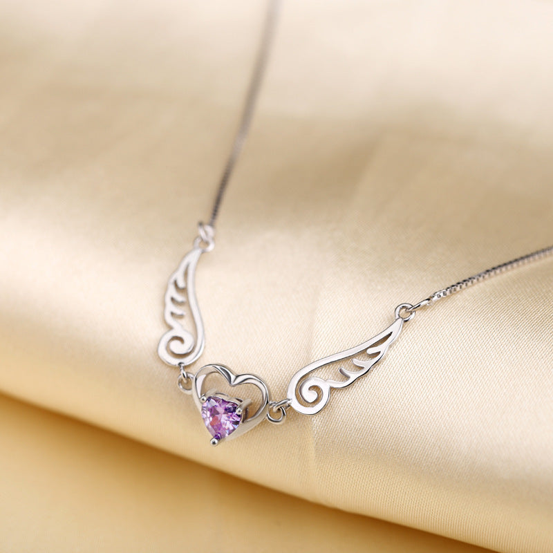 Heartfelt Angel Wings Necklace – Purple Crystal Heart Pendant in Sterling Silver 925
