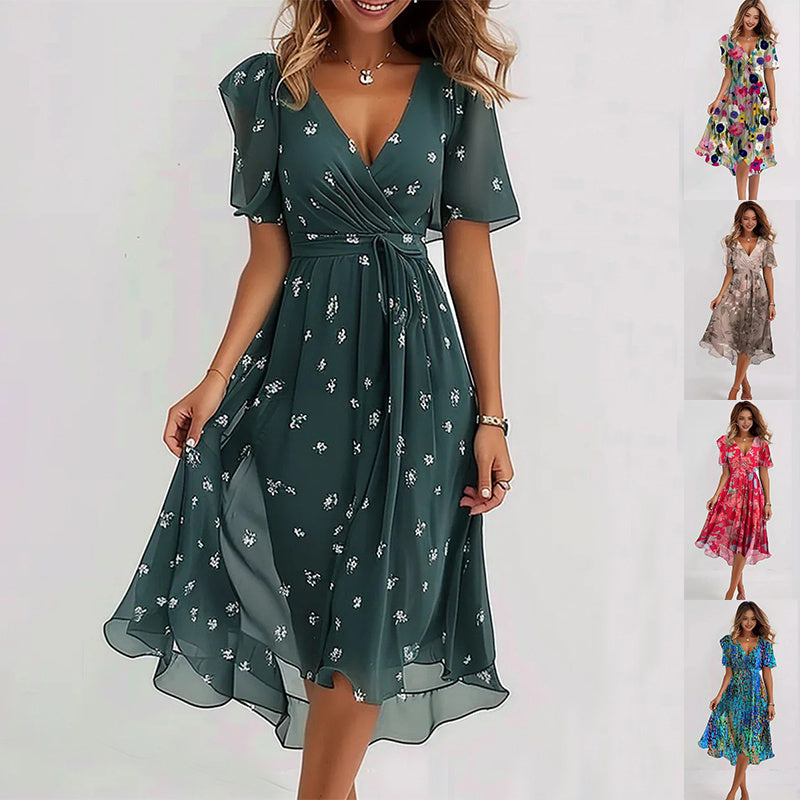 Chiffon Printed Short Sleeve V-neck Dresses
