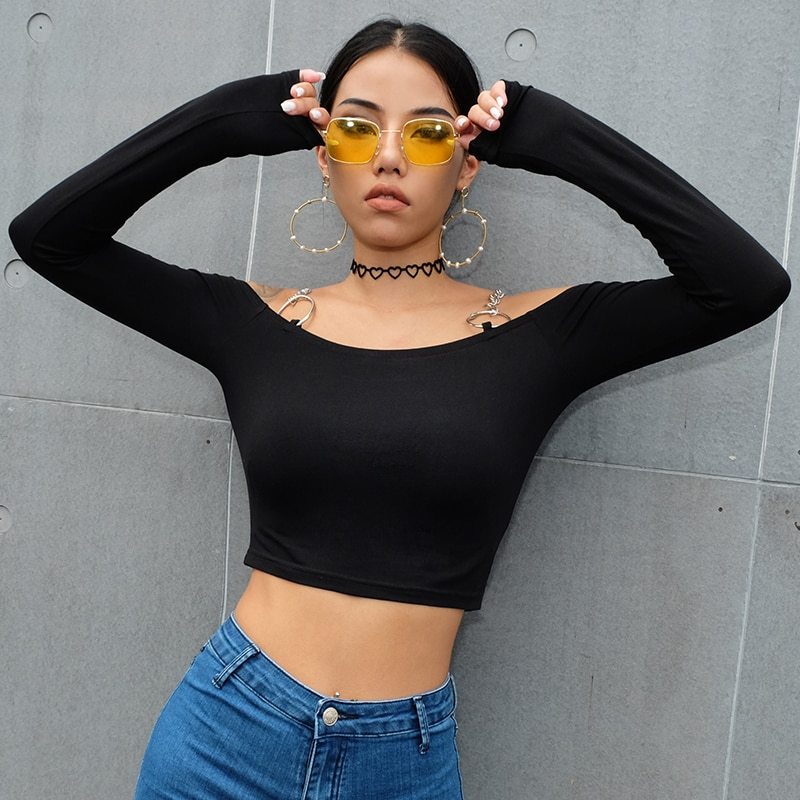 Metal chain sexy word shoulder umbilical short top