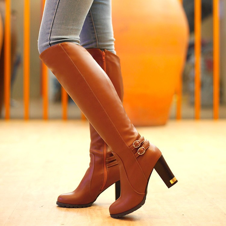 Thick Heel Leather Boots