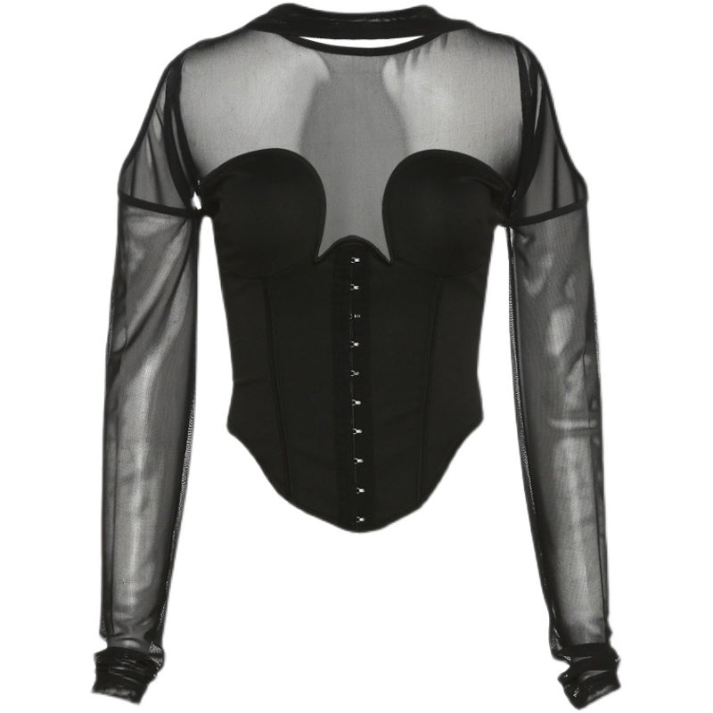 Cutout Long Sleeve Top Fashion Mesh T-Shirt