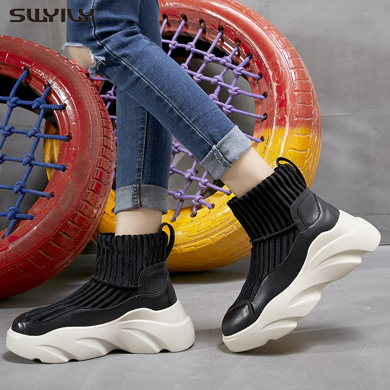 Knit Stitch Platform Sports Boots with Stretch Fit