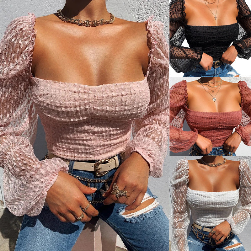 Square-Neck Slim-Fit Mesh See-Through Lace Shirt