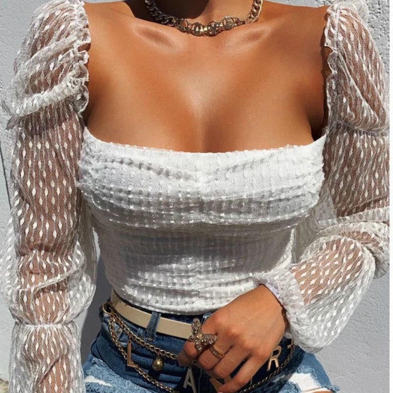 Square-Neck Slim-Fit Mesh See-Through Lace Shirt