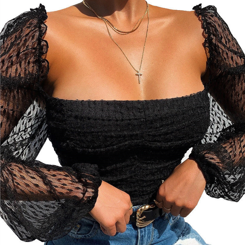 Square-Neck Slim-Fit Mesh See-Through Lace Shirt