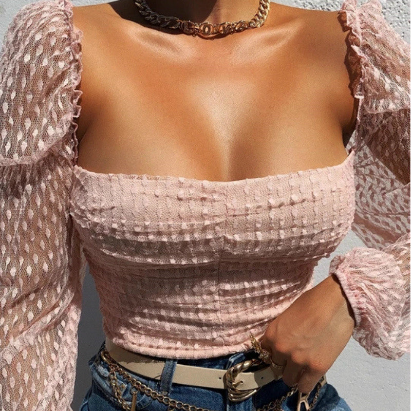 Square-Neck Slim-Fit Mesh See-Through Lace Shirt