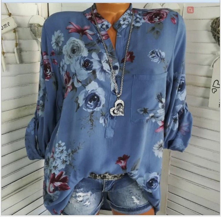 5XL Long Sleeve Print Stand Collar Button Blouse Pullover Womens Clothing Shirt Blusa