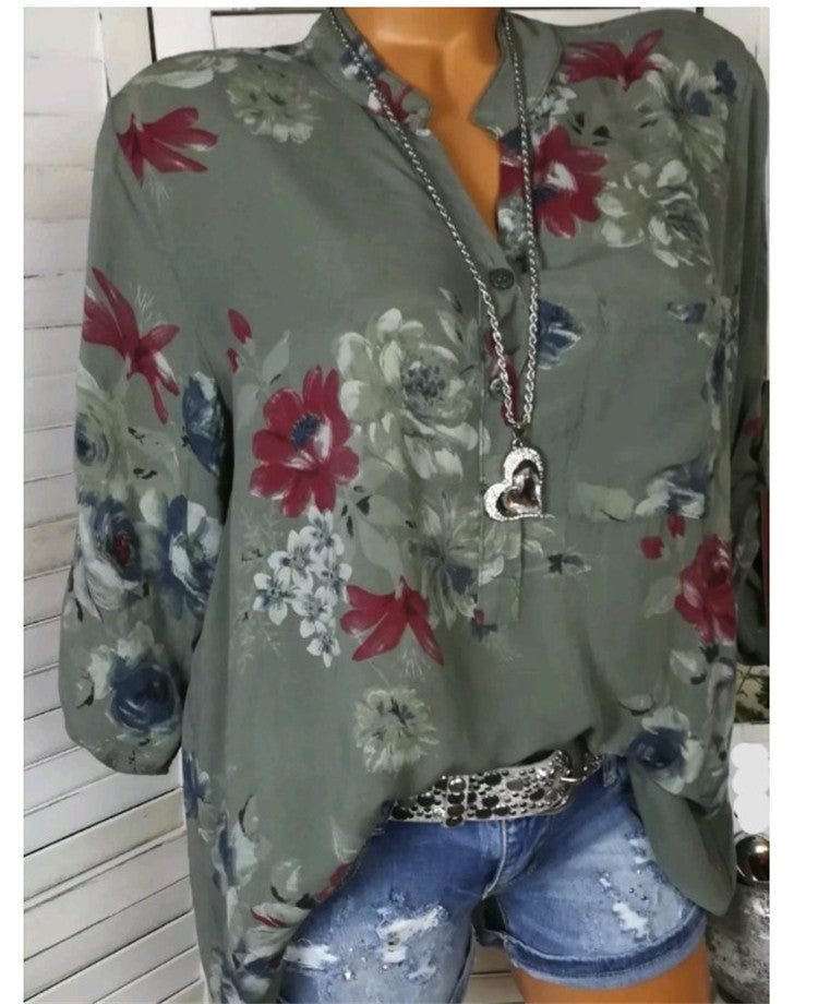 5XL Long Sleeve Print Stand Collar Button Blouse Pullover Womens Clothing Shirt Blusa