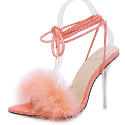Feather Strap Transparent Crystal Pointed High Heels