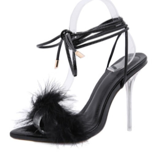 Feather Strap Transparent Crystal Pointed High Heels