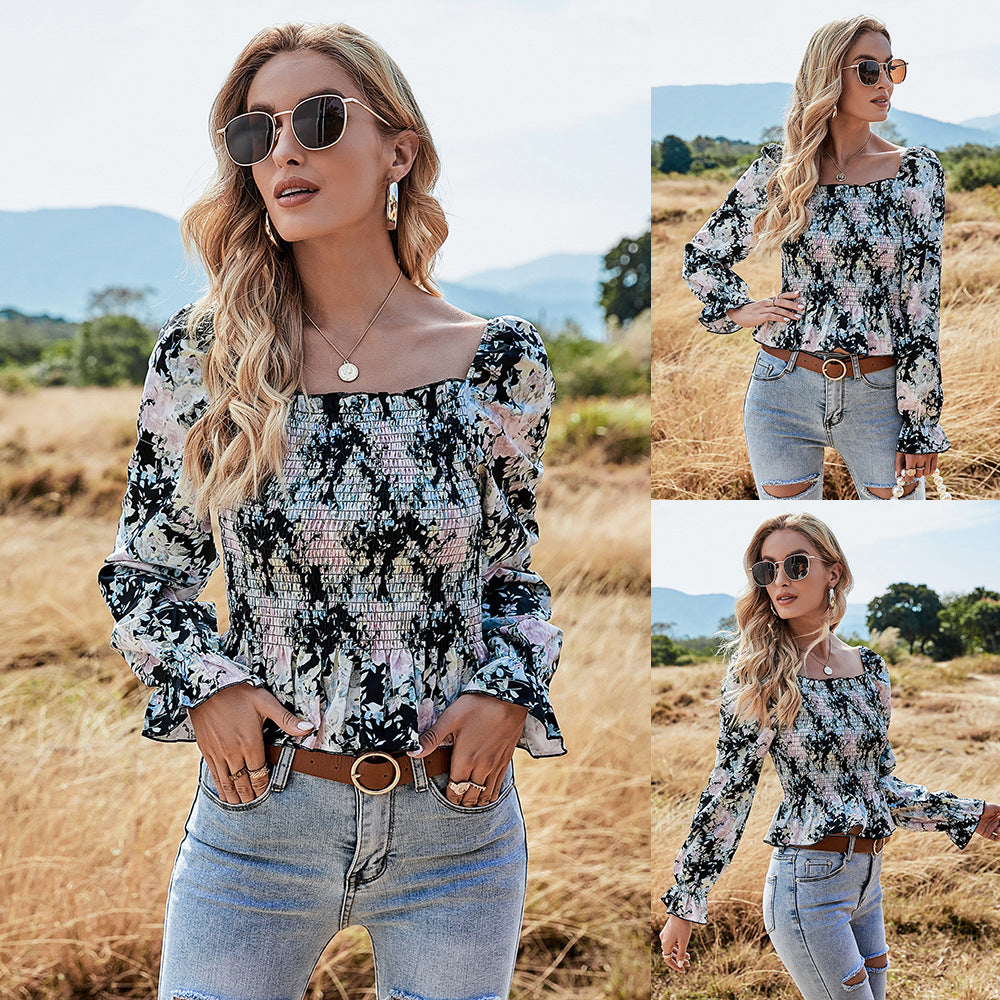 Printed Cropped Slim Long-sleeved Top