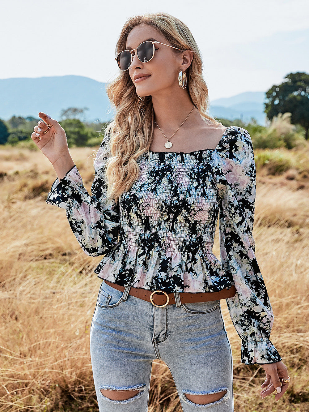 Printed Cropped Slim Long-sleeved Top