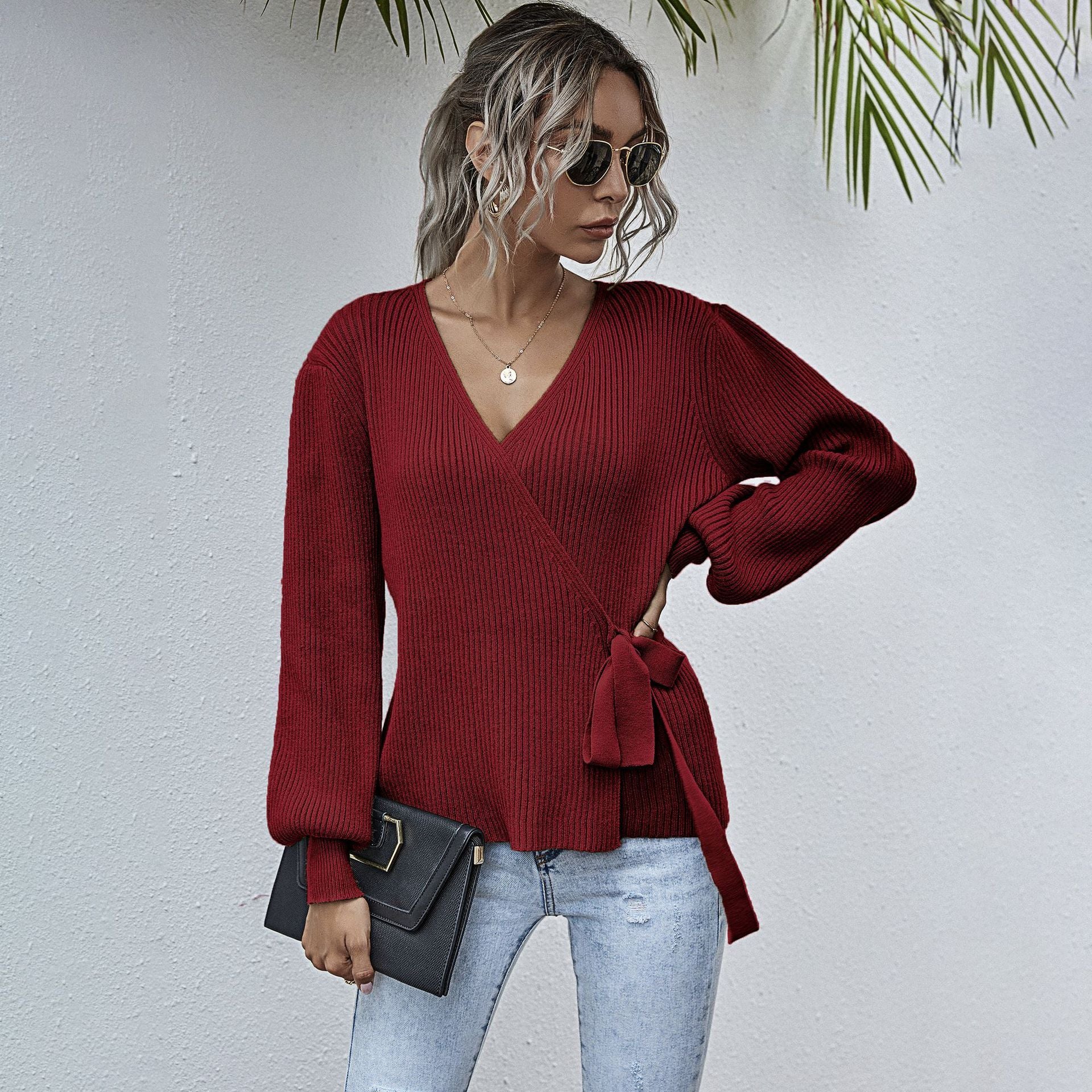 Casual V-neck Waistband Knitted Sweater