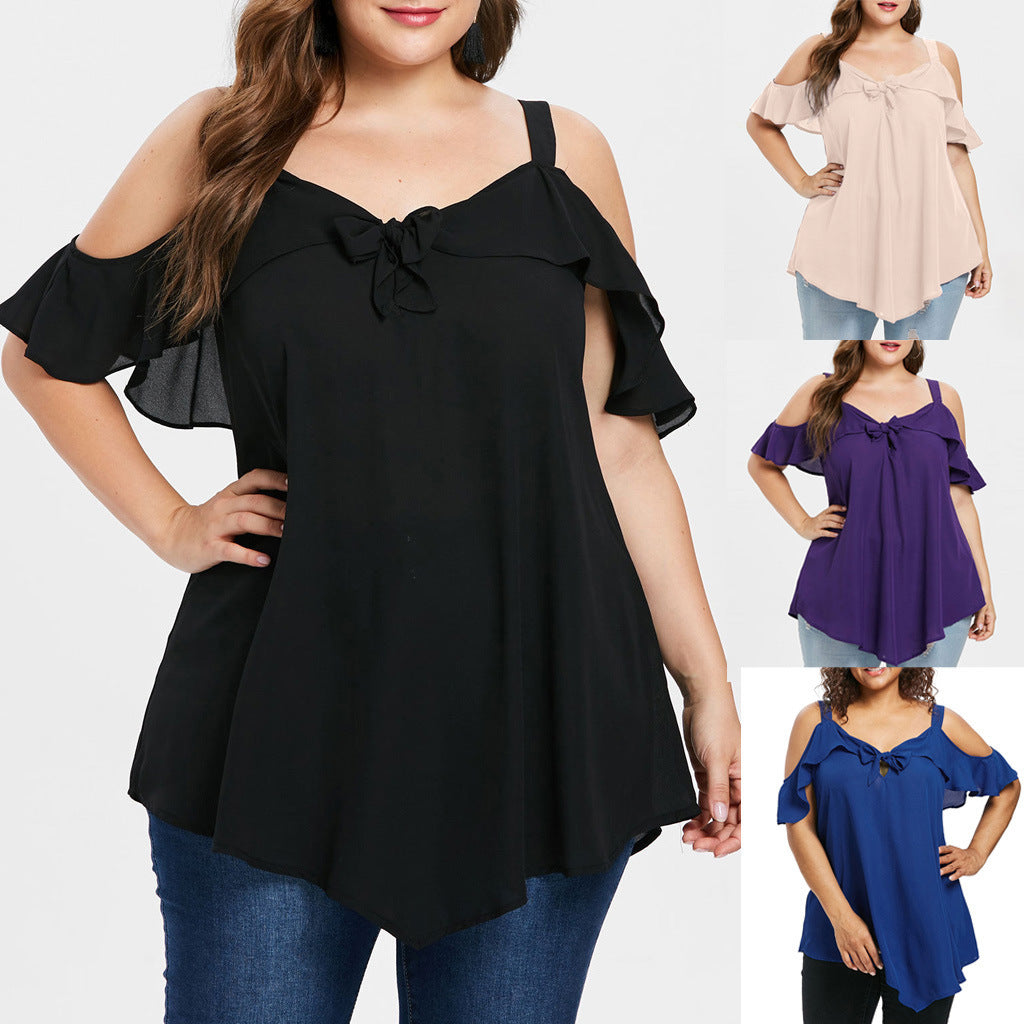 Ladies' Bowknot Flare Sleeve Irregular V-Neck Chiffon Shirt