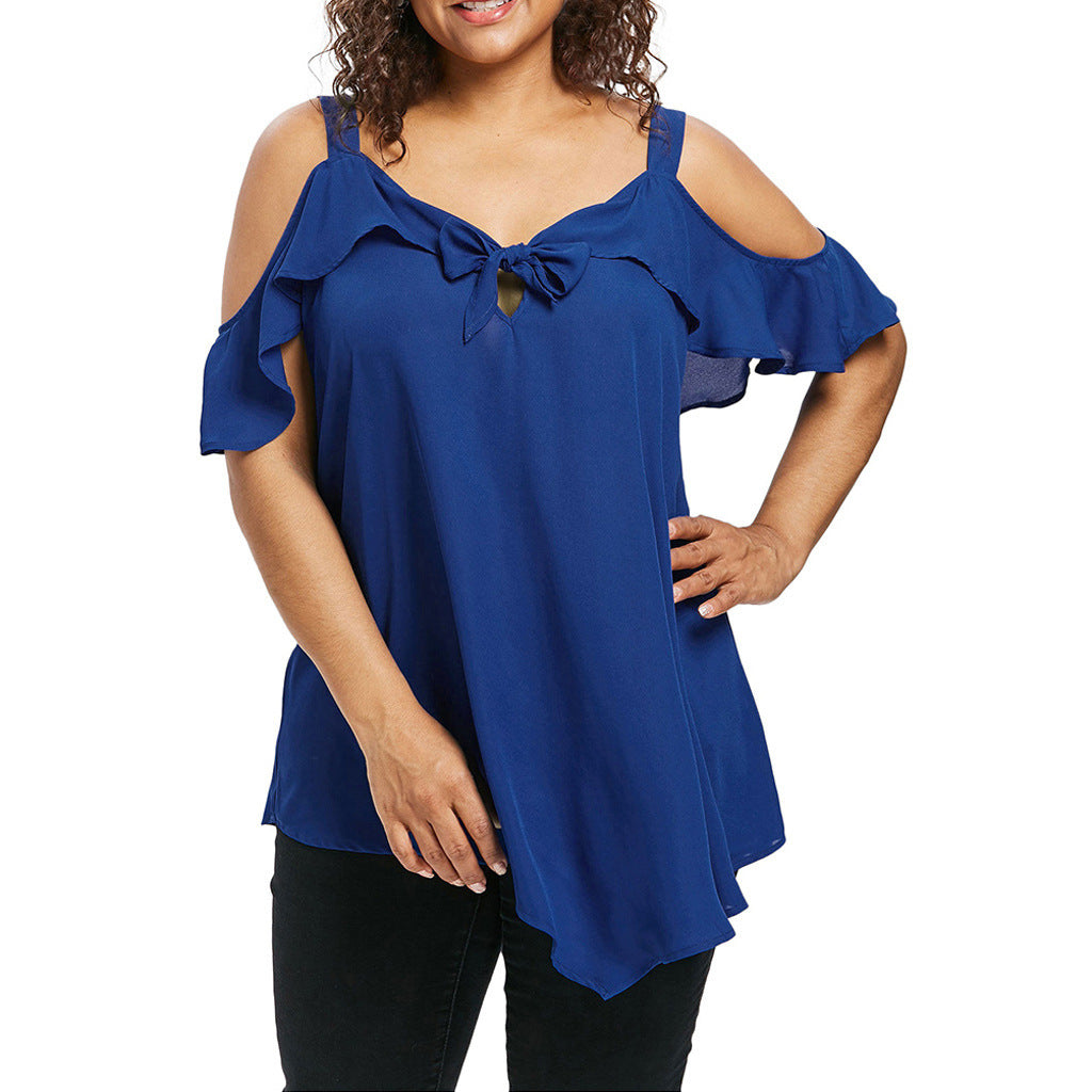Ladies' Bowknot Flare Sleeve Irregular V-Neck Chiffon Shirt