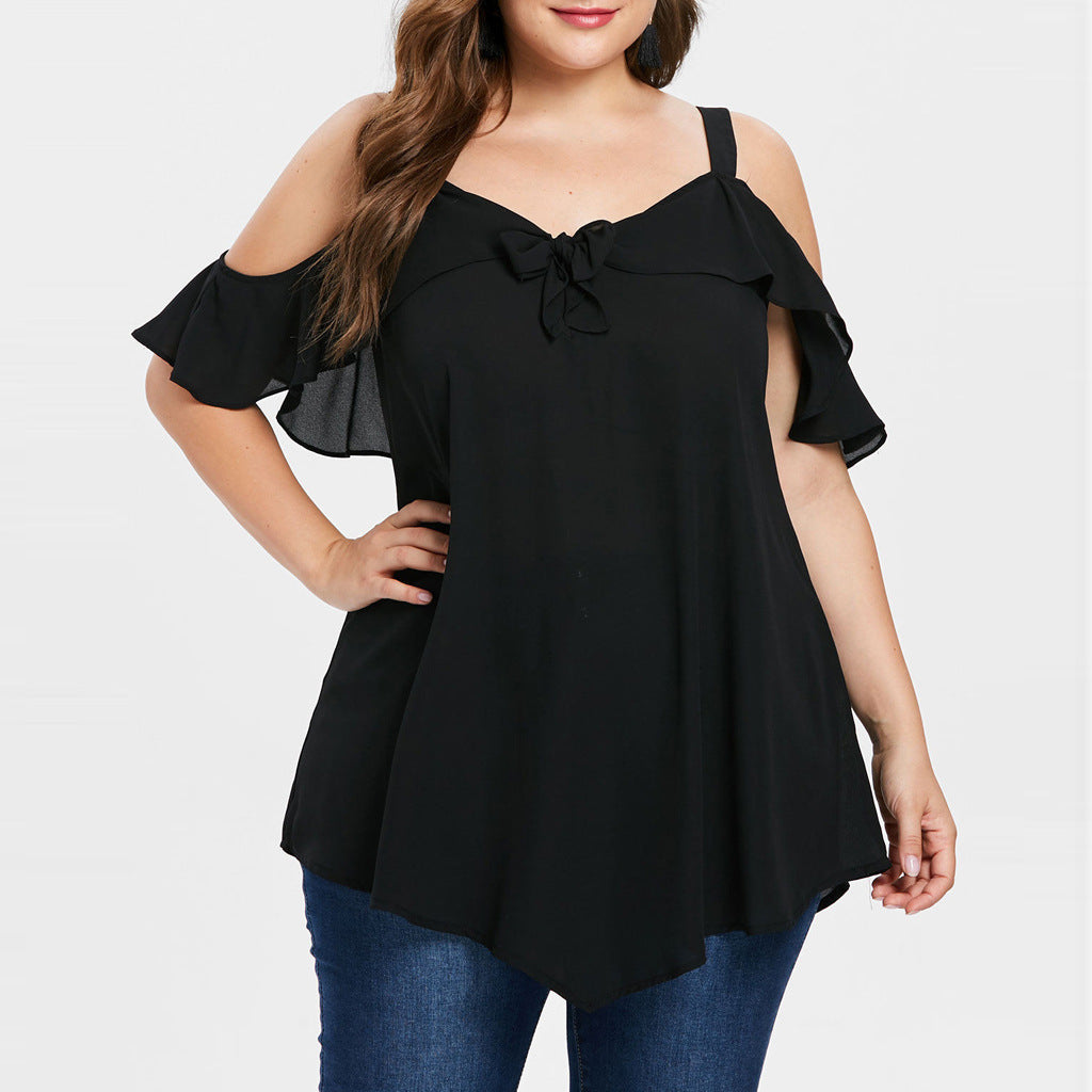Ladies' Bowknot Flare Sleeve Irregular V-Neck Chiffon Shirt