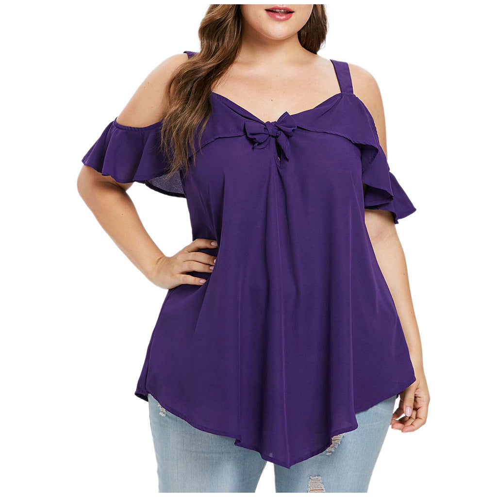 Ladies' Bowknot Flare Sleeve Irregular V-Neck Chiffon Shirt