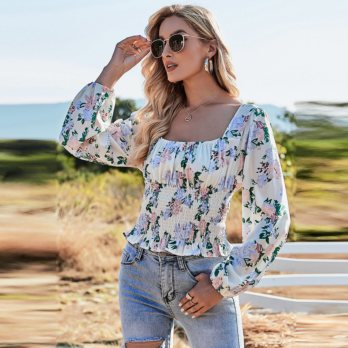 Printed Cropped Slim Long-sleeved Top