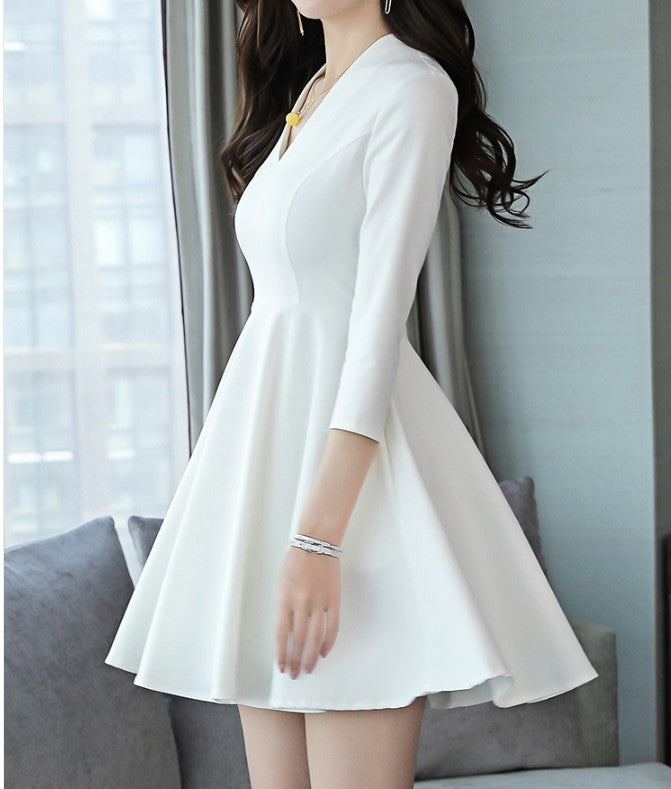 Dresses Pure Color V-collar Mid-waist Zipper Korean A-shaped Skirt Spring Long Sleeve Skirt Lace A