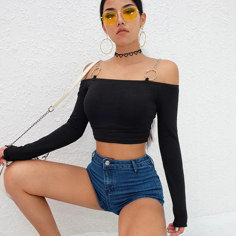 Metal chain sexy word shoulder umbilical short top