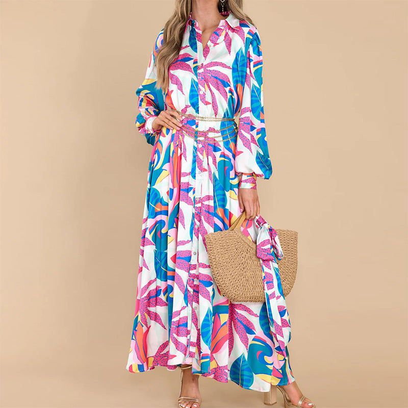Women’s Printed Long-Sleeve Dress — Polo Collar & Oversized Hem