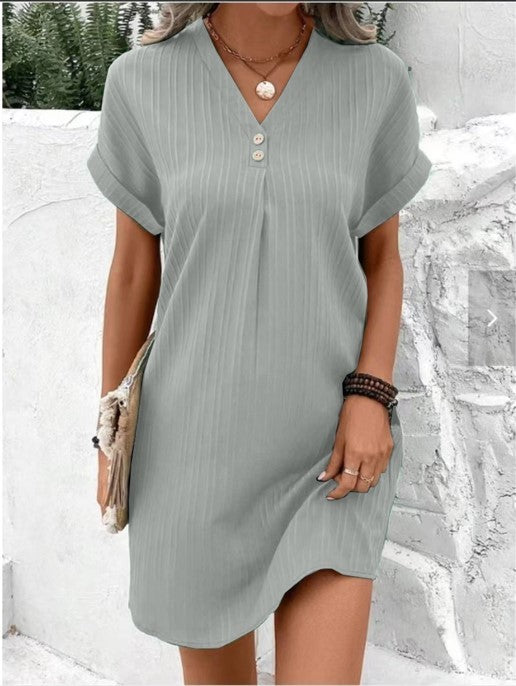Fashion V-neck Short-sleeved Dress Casual Solid Strip Button Dresses