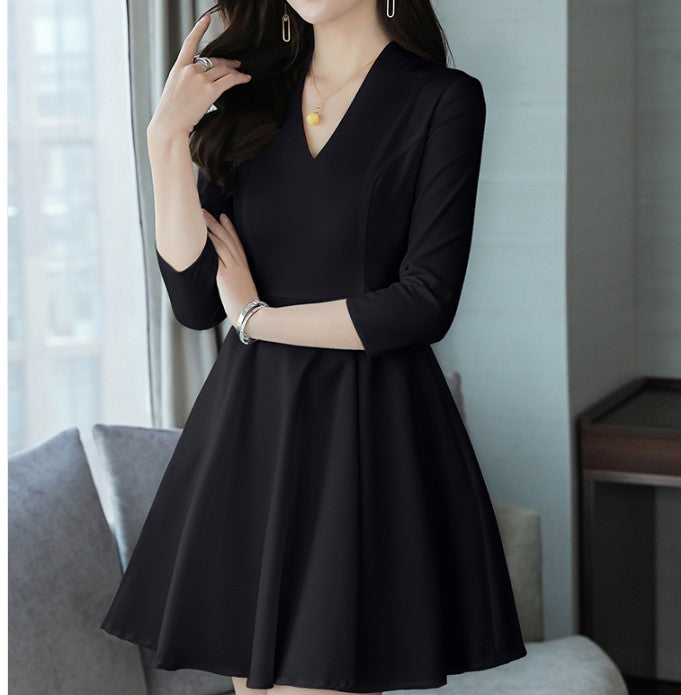 Dresses Pure Color V-collar Mid-waist Zipper Korean A-shaped Skirt Spring Long Sleeve Skirt Lace A