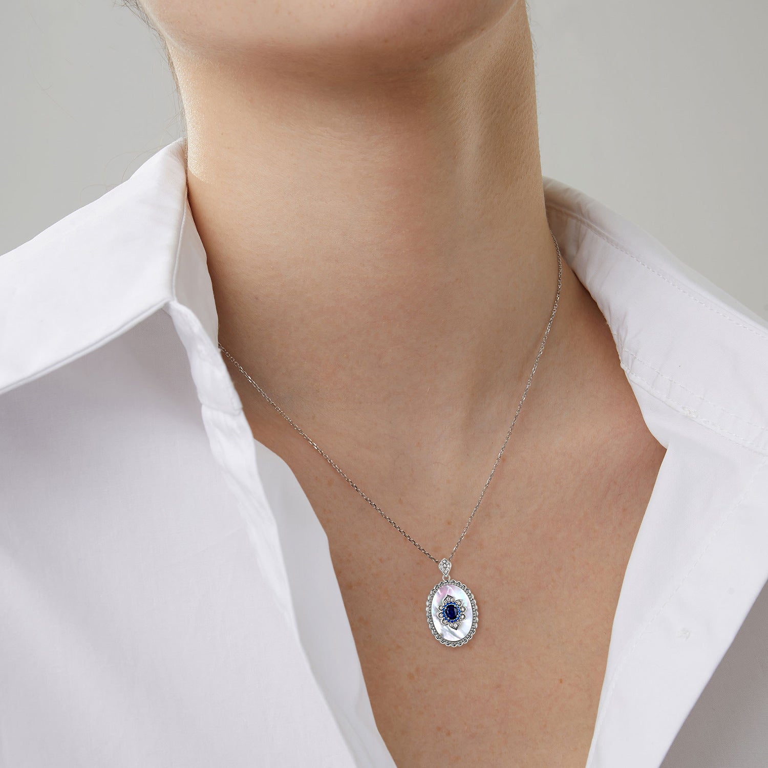 Graceful 925 Silver Pendant Necklace Featuring Sapphire and Diamond Accents for Women