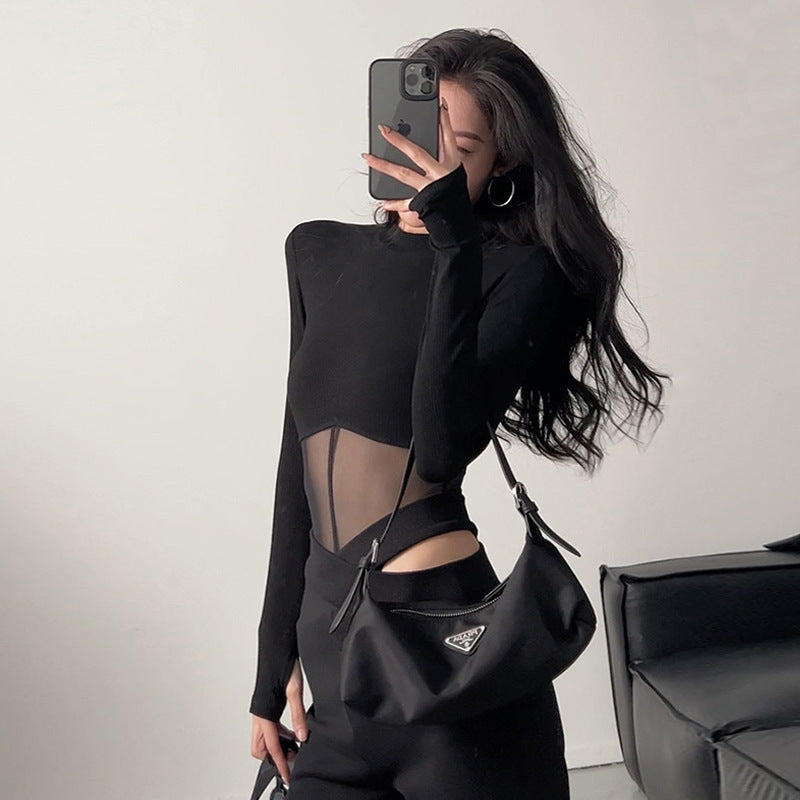 Black Mesh One Piece Top For Women
