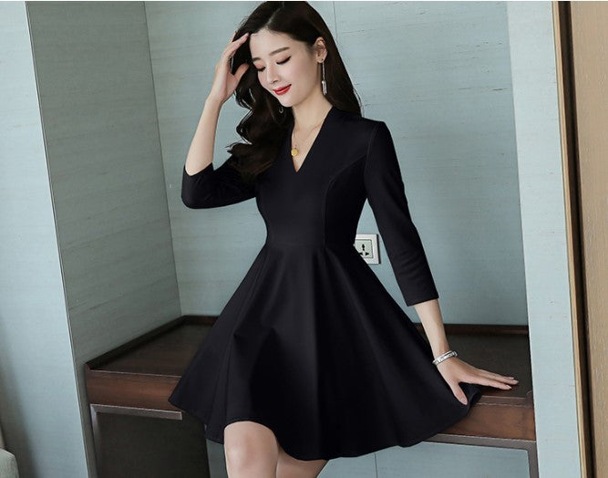 Dresses Pure Color V-collar Mid-waist Zipper Korean A-shaped Skirt Spring Long Sleeve Skirt Lace A