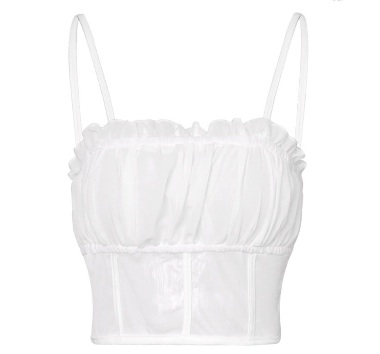 summer popular mesh sling vest female cross-border sizzling explosion splicing wooden ear micro-transparent top