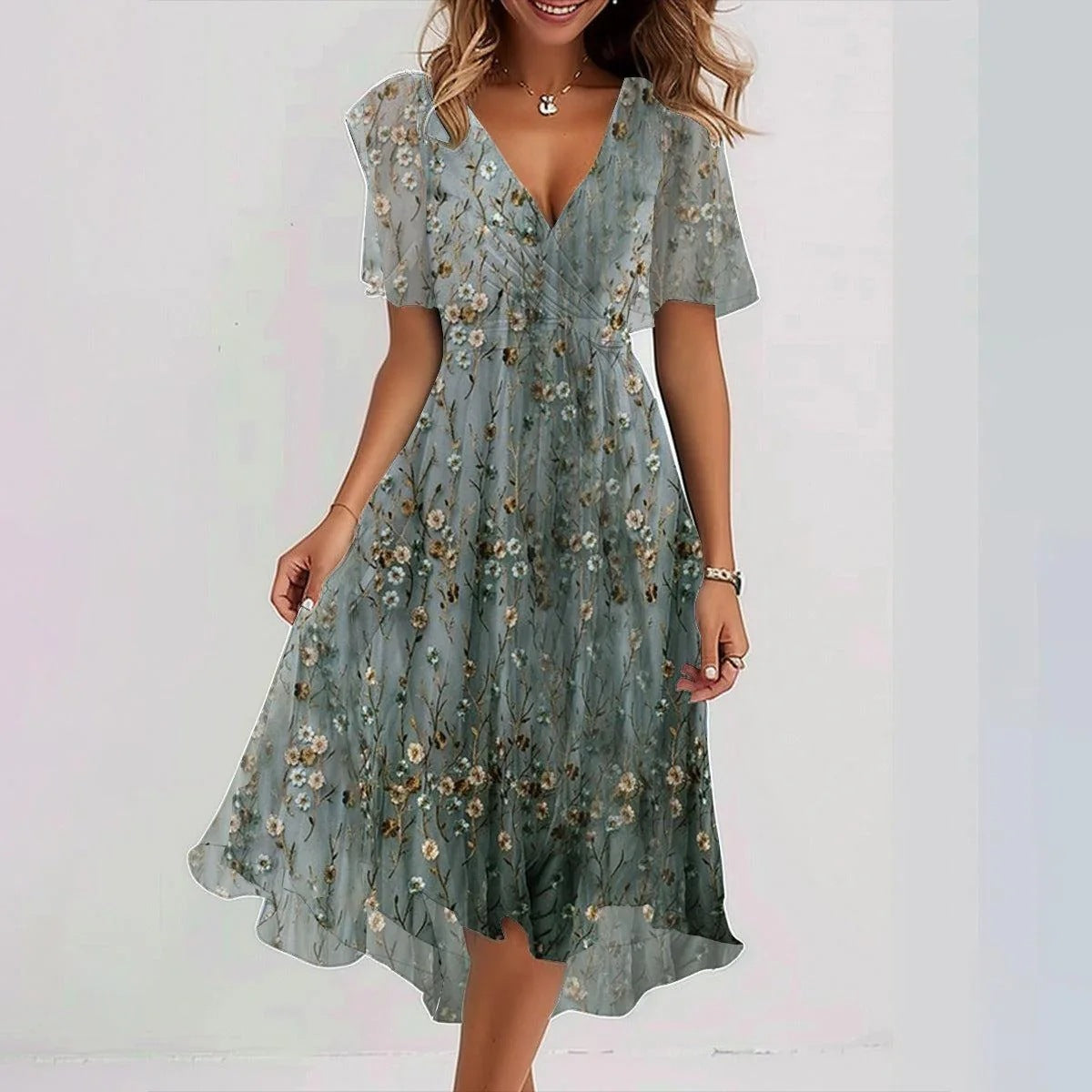 Chiffon Printed Short Sleeve V-neck Dresses
