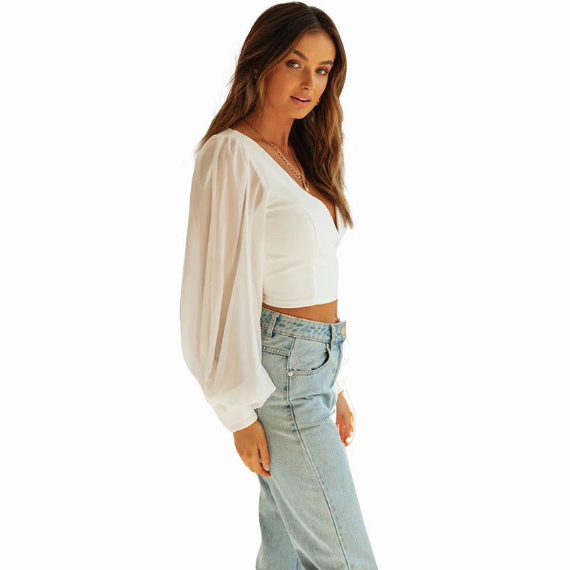 V-neck Lantern Sleeve Short Navel Crop All-match Top