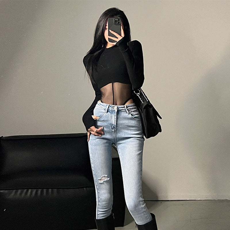 Black Mesh One Piece Top For Women