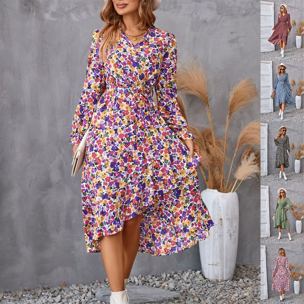 Flowers Print Long Sleeve Dress Fashion Ruffled Dresses Womens Clothing