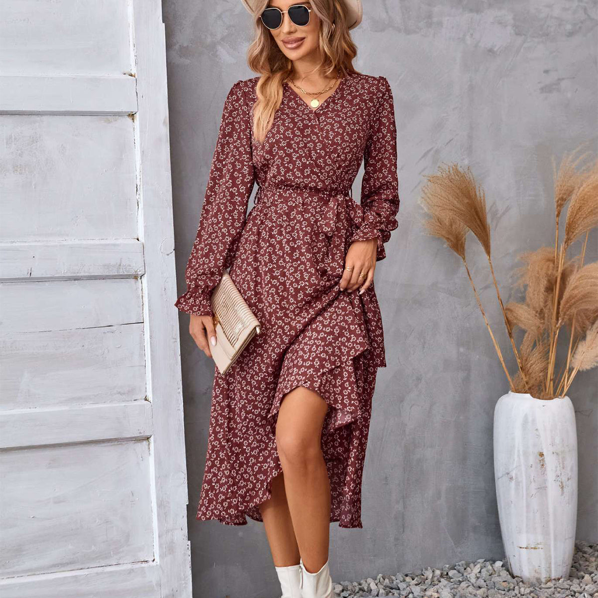 Flowers Print Long Sleeve Dress Fashion Ruffled Dresses Womens Clothing