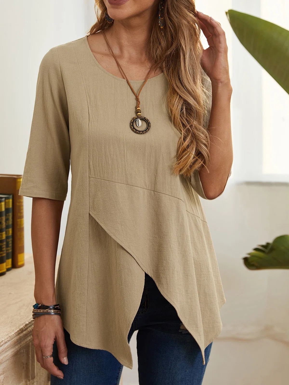 Irregular Pullover Round Neck Slim Cotton And Linen T-shirt