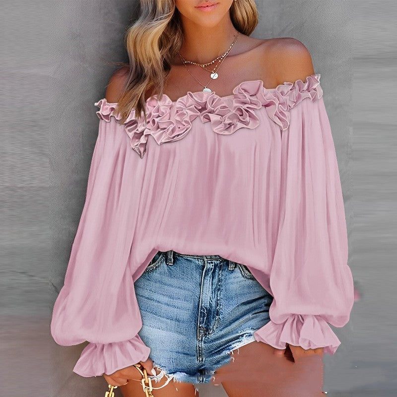 Off-Shoulder Long Sleeve Top Lotus Leaf Sleeve Shirt Loose Women's Clothing
