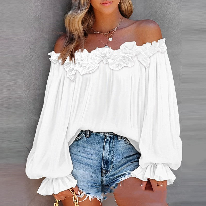 Off-Shoulder Long Sleeve Top Lotus Leaf Sleeve Shirt Loose Women's Clothing