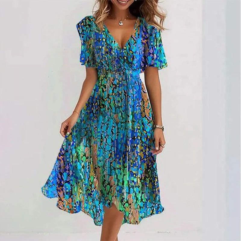 Flowers Printed V-neck Dress Summer A-line Short-sleeved Dresses