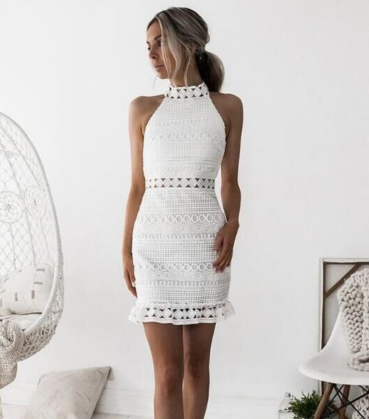 Crocheted Sleeveless Hip Sexy High-necked Lace Dresses