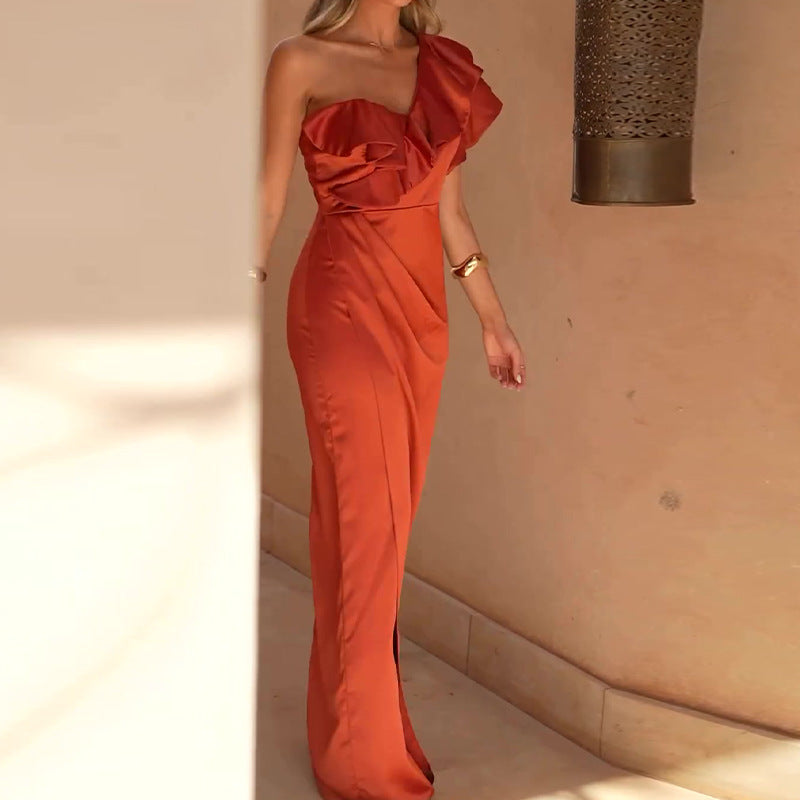 Cross Border Amazon Cross-border Pure Color Ruffles High Waist Crimp Split Dress