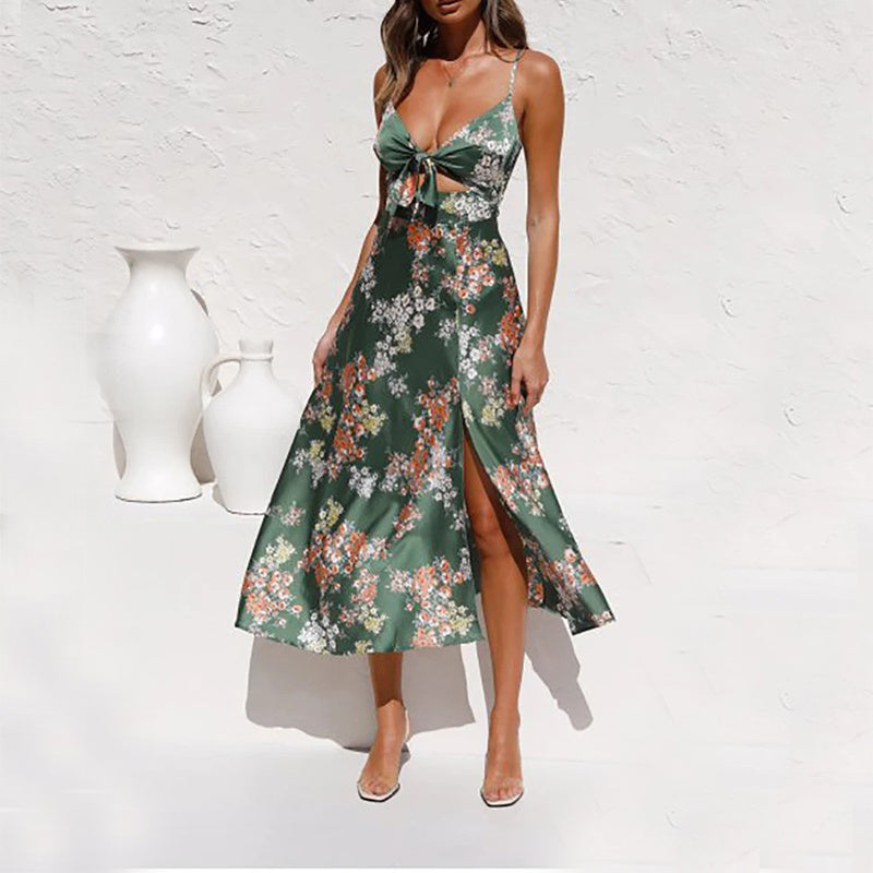 Flower Print Split Dress With Hollow Bowknot Design Ins Fashion Sleeveless Beach Dresses Summer Women's Clothing
