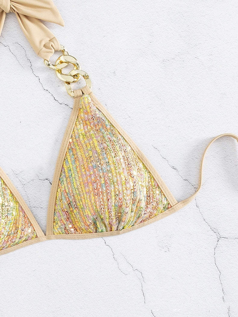 Women's Swimsuit Sequined Lace-up Gold Bikini Swimsuit