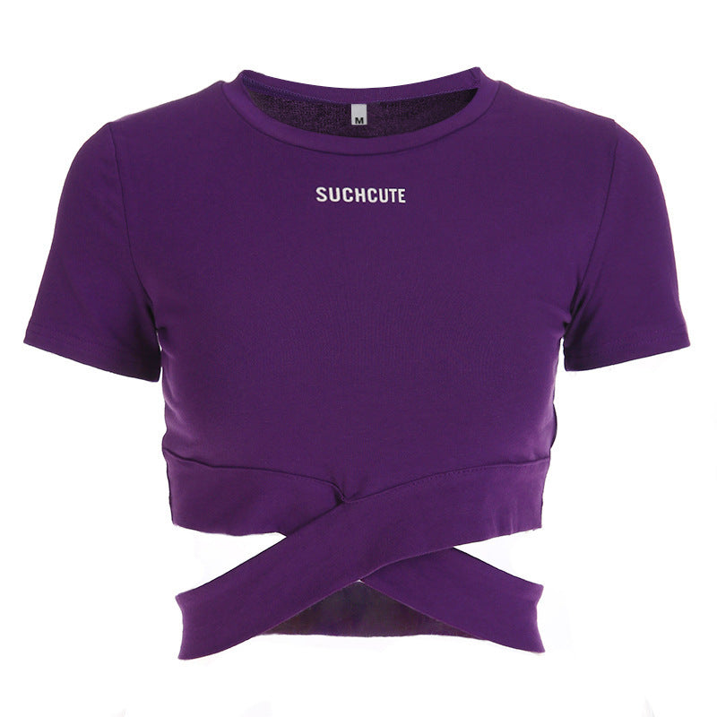 Cross straps exposed navel t-shirt women